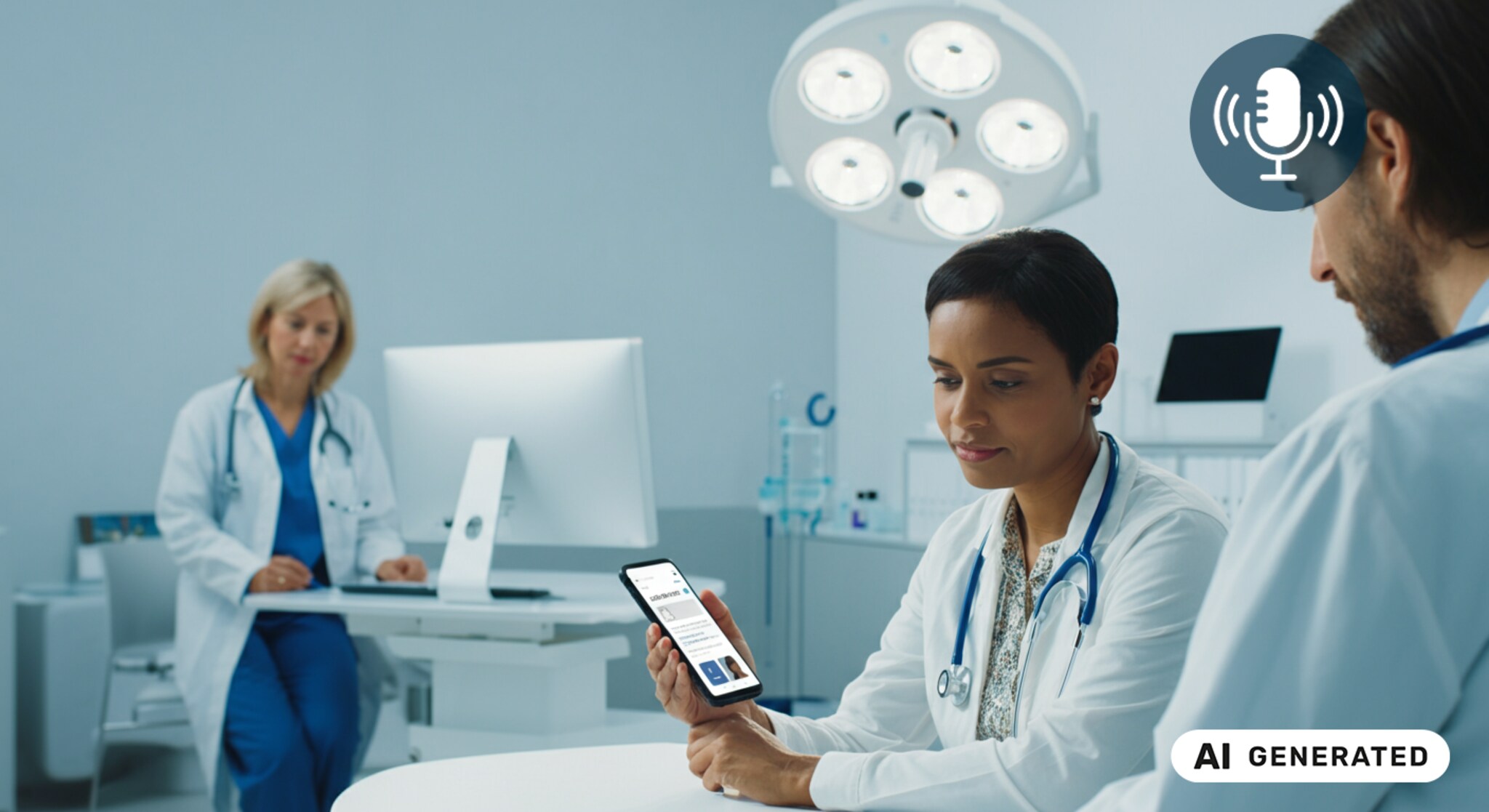 medico donna e uomo che guardano il telefono