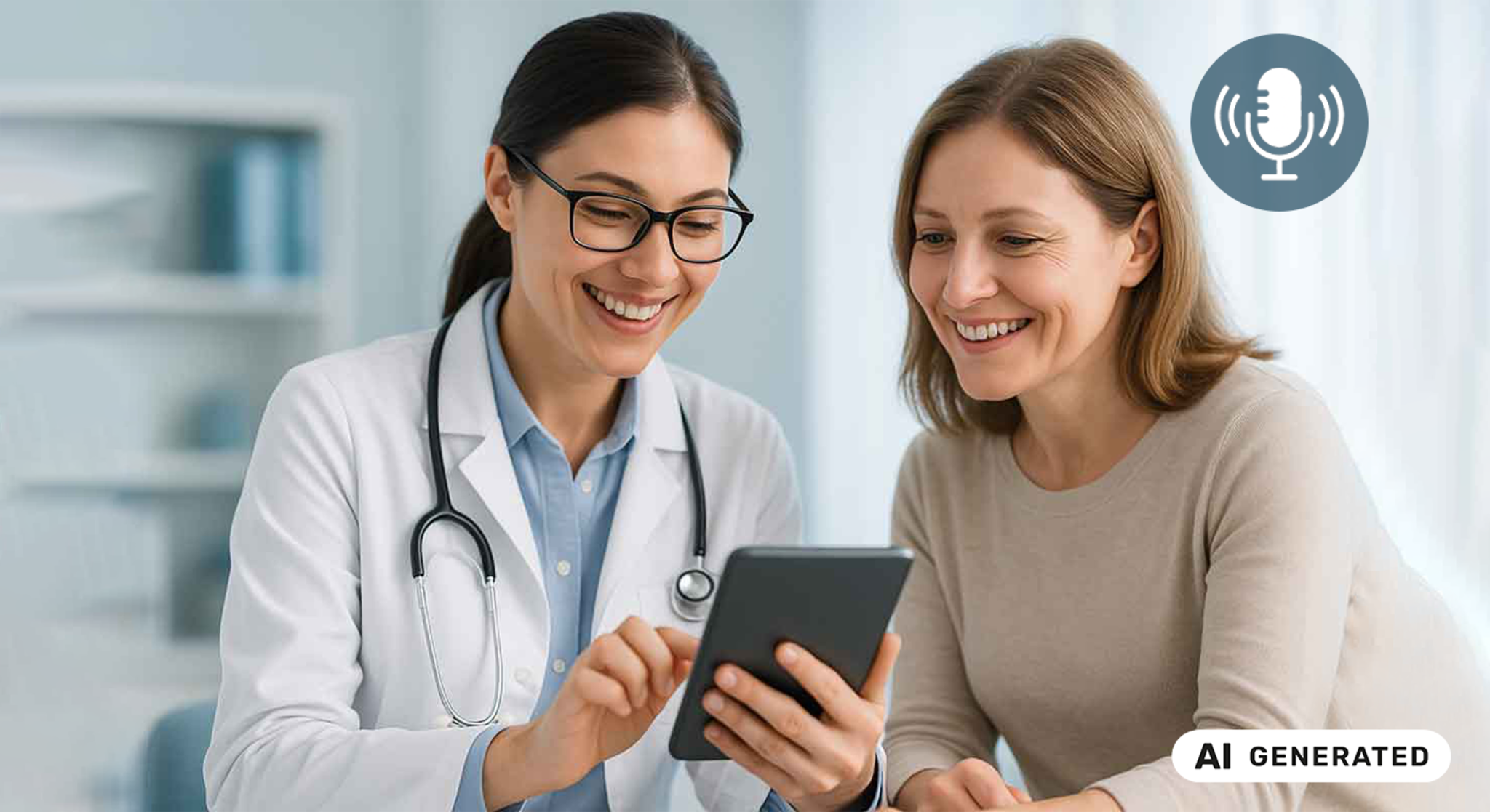 medico donna e paziente che guardano l'ipad e sorridono