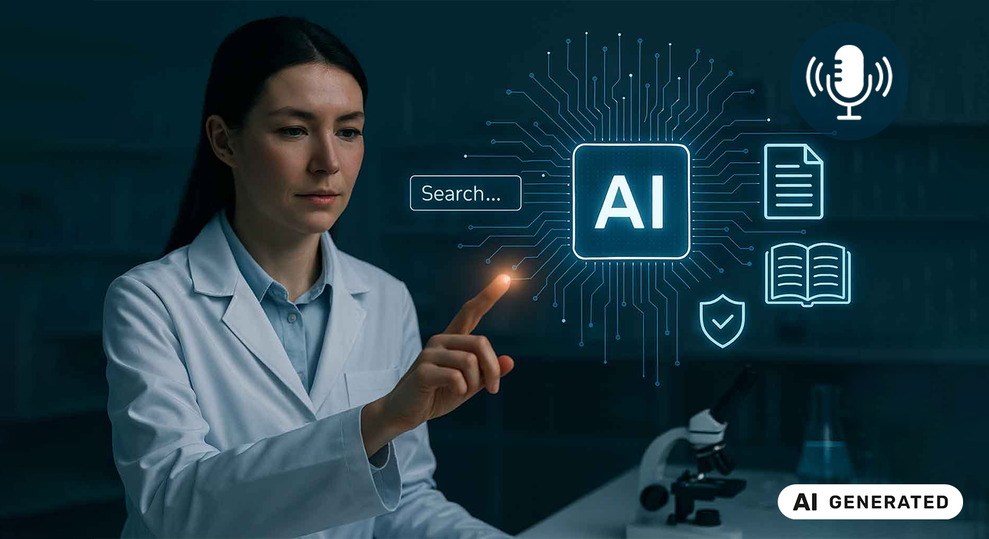dottoressa che usa AI nella pratica clinica e indica delle icone luminose