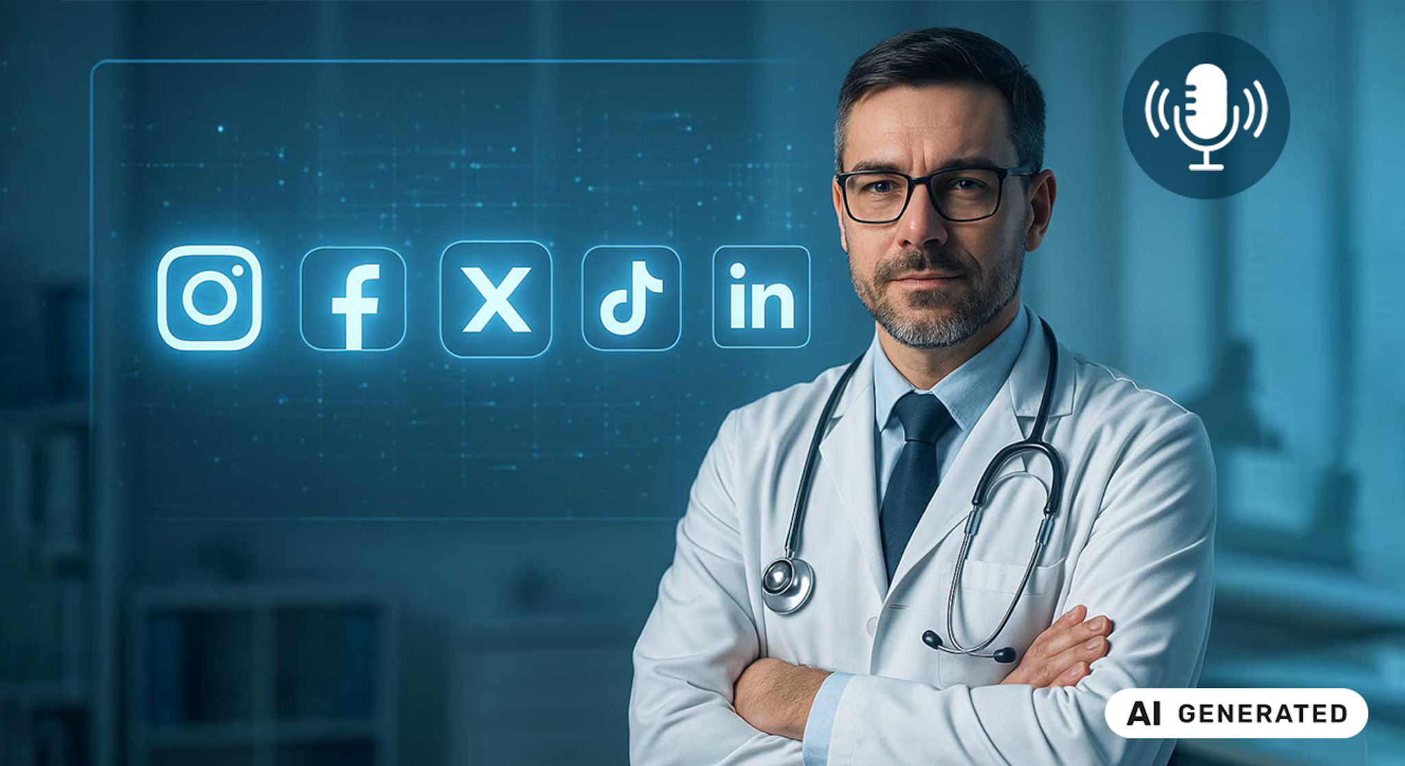 Medico con icone dei social media blu luminose