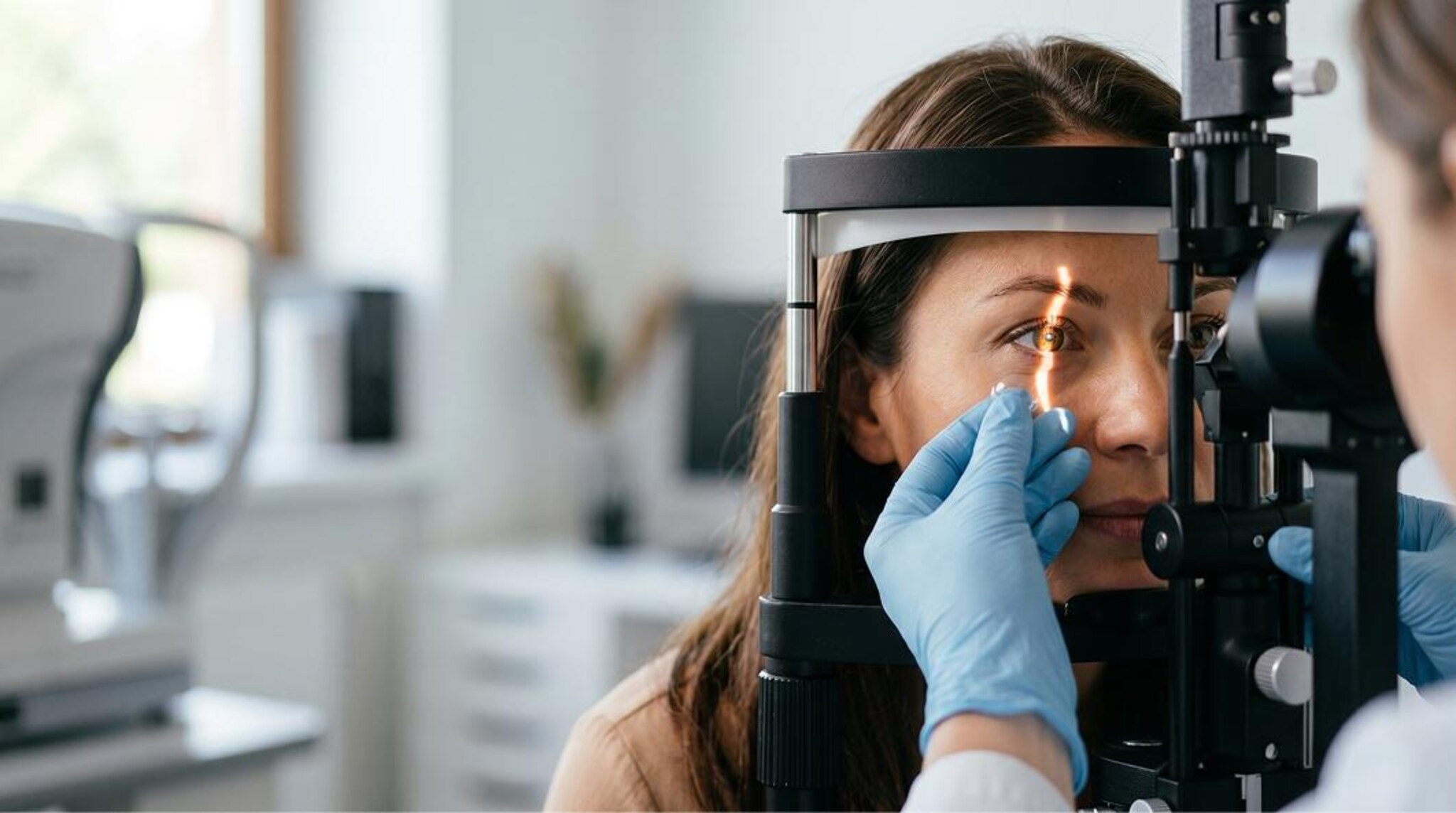 Visita specialistica presso un ambulatorio di oftalmologia, con esame dell'occhio mediante lampada a fessura, utilizzato per valutare la salute delle strutture oculari e monitorare patologie della retina e della macula.