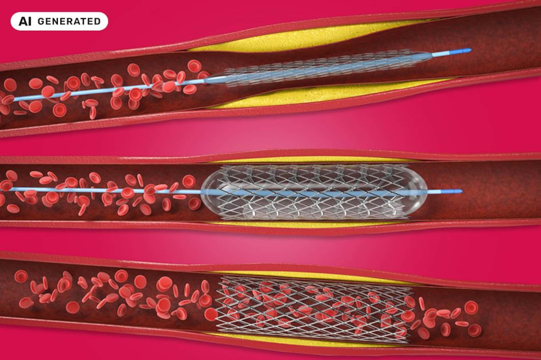 Illustrazione di tre arterie in sezione che mostra il posizionamento e l’espansione di uno stent all’interno di un vaso sanguigno ristretto.