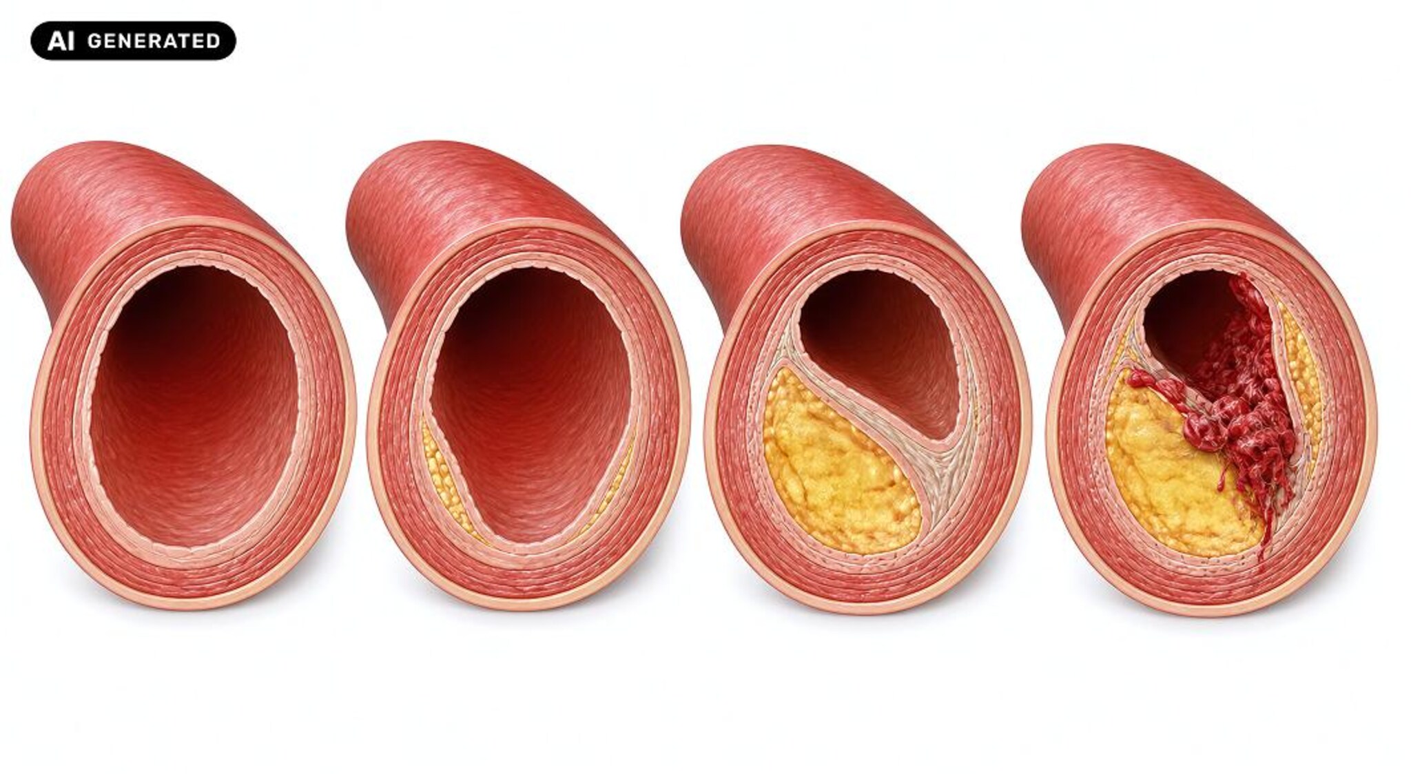 Illustrazione di quattro sezioni di un’arteria che mostrano la progressiva formazione di una placca e il restringimento del vaso, fino alla presenza di un coagulo.