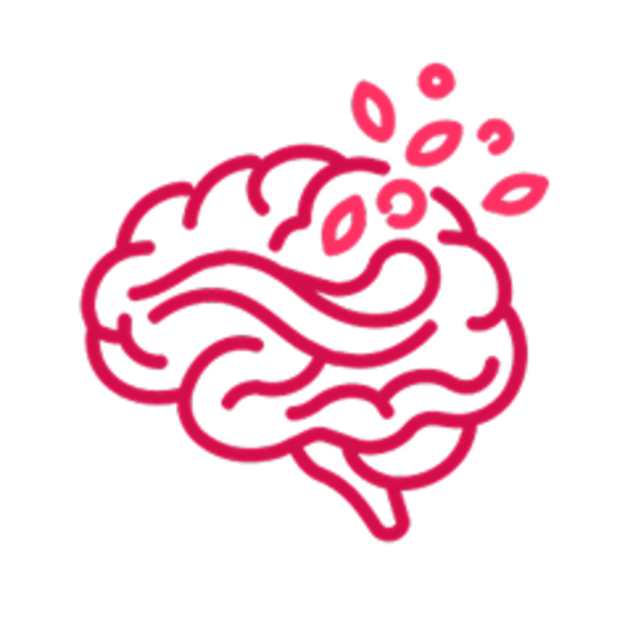 Cervello stilizzato con piccoli segni a forma di goccia che si irradiano dalla parte superiore.