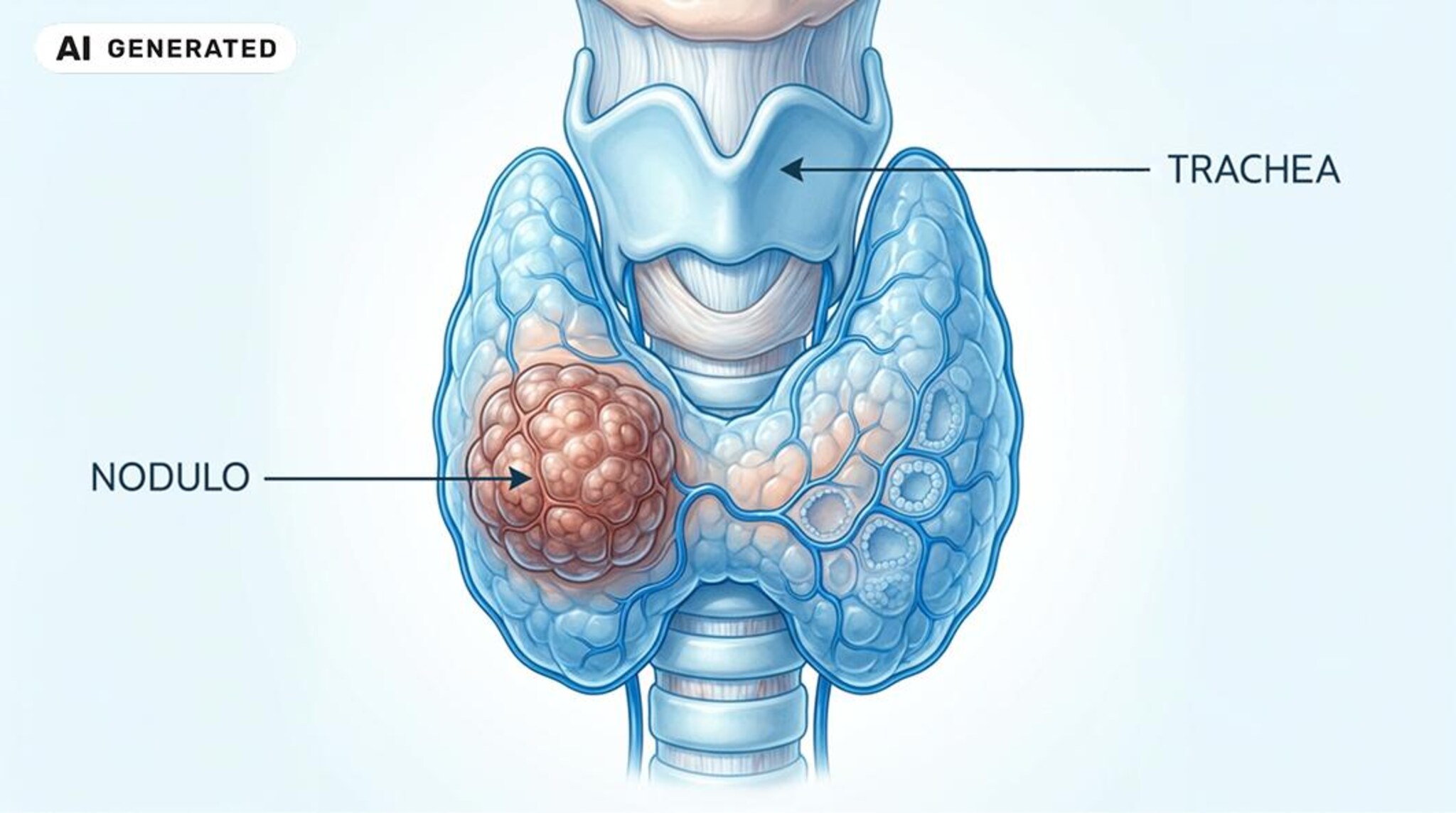 Illustrazione anatomica della tiroide con evidenza di un nodulo in uno dei lobi e indicazione della trachea.